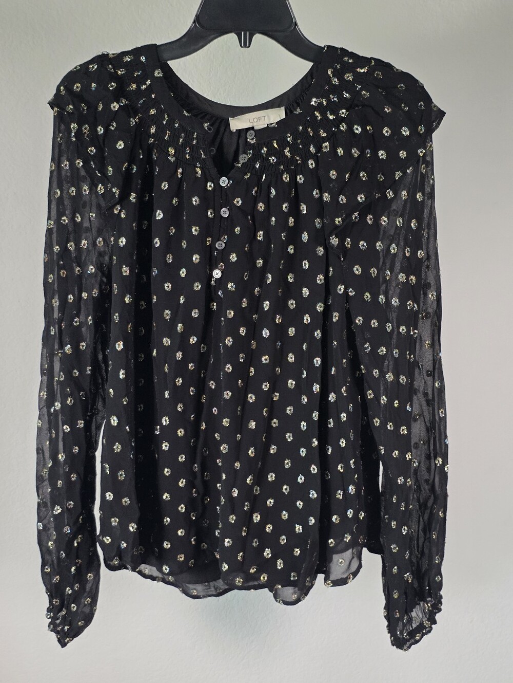 LOFT Women L Black Metallic Dot Sheer Blouse Long Sleeve Button Front Party Top